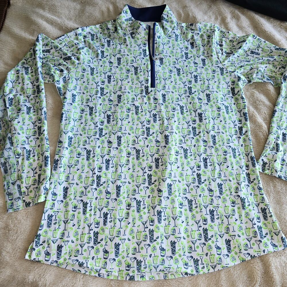 Sansoleil Womens Large Quarter Zip Cooling Sun Protection White/blue & green EUC